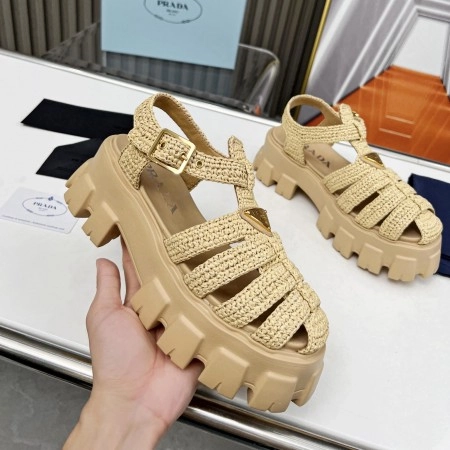 PRADA MONOLITH CROCHET CAGE SANDALS IN BEIGE RAFFIA FABRIC - PSD008
