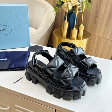 PRADA MONOLITH FLATFORM SANDALS IN BLACK NAPPA LEATHER - PSD019