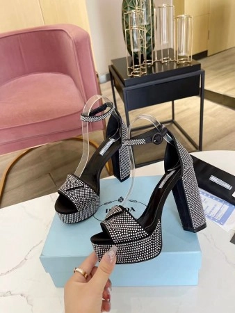 PRADA PLATFORM SANDALS 135MM IN BLACK SATIN WITH CRYSTALS - PSD010