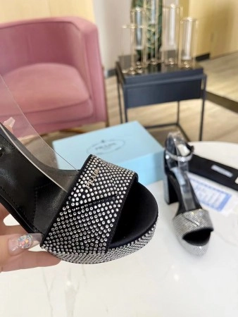 PRADA PLATFORM SANDALS 135MM IN BLACK SATIN WITH CRYSTALS - PSD010