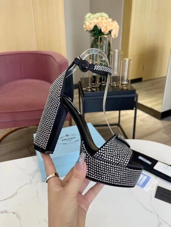 PRADA PLATFORM SANDALS 135MM IN BLACK SATIN WITH CRYSTALS - PSD010