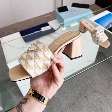 PRADA HEELED SLIDE SANDALS 65MM IN BEIGE AND WHITE FABRIC - PSD034