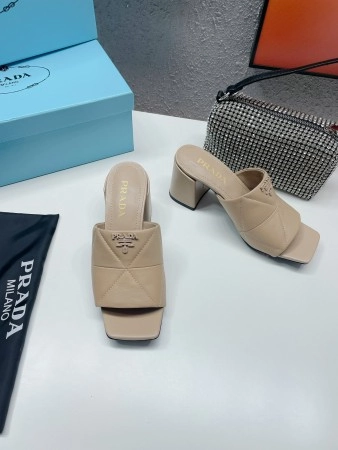 PRADA HEELED SLIDE SANDALS 65MM IN BEIGE NAPPA LEATHER - PSD037