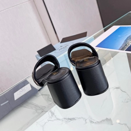 PRADA HEELED SLIDE SANDALS 65MM IN BLACK AND BEIGE FABRIC - PSD035