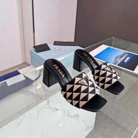 PRADA HEELED SLIDE SANDALS 65MM IN BLACK AND BEIGE FABRIC - PSD035