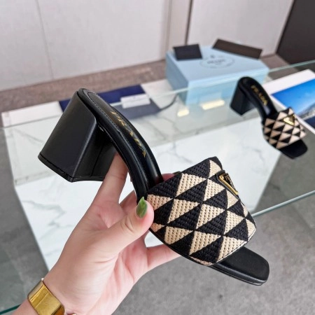 PRADA HEELED SLIDE SANDALS 65MM IN BLACK AND BEIGE FABRIC - PSD035