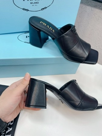 PRADA HEELED SLIDE SANDALS 65MM IN BLACK NAPPA LEATHER - PSD038