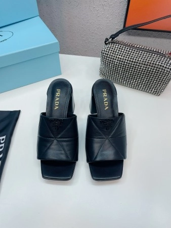 PRADA HEELED SLIDE SANDALS 65MM IN BLACK NAPPA LEATHER - PSD038