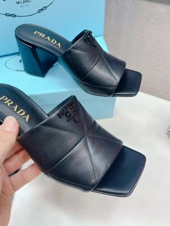 PRADA HEELED SLIDE SANDALS 65MM IN BLACK NAPPA LEATHER - PSD038