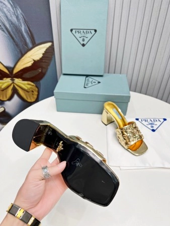 PRADA HEELED SLIDE SANDALS 65MM IN GOLD METALLIC LEATHER - PSD033