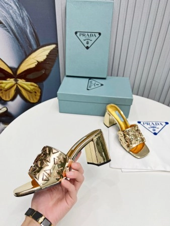 PRADA HEELED SLIDE SANDALS 65MM IN GOLD METALLIC LEATHER - PSD033