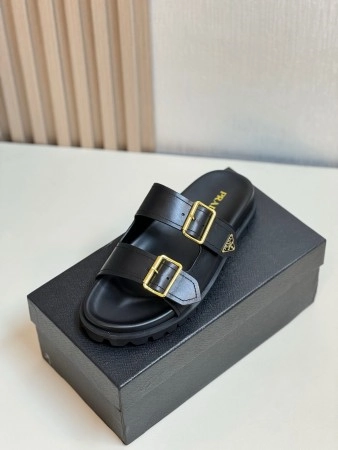 PRADA WOMEN'S STRAP SLIDES SANDALS IN BLACK LEATHER - PSD028