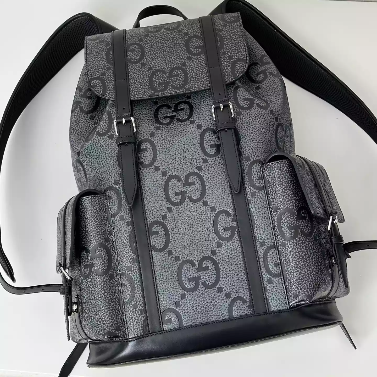 GG jumbo large backpack in grey and black GG leather