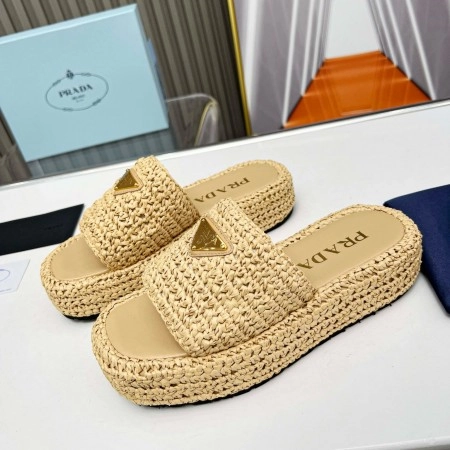 PRADA CROCHET FLATFORM SLIDES IN BEIGE RAFFIA-EFFECT YARN - PSD070
