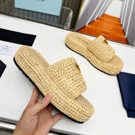 PRADA CROCHET FLATFORM SLIDES IN BEIGE RAFFIA-EFFECT YARN - PSD070