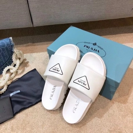 PRADA WHITE LEATHER SLIDES WITH PRINTED TRIANGLE LOGO - PSD089