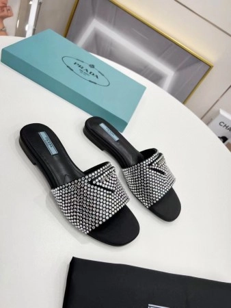 PRADA WOMEN'S SATIN SLIDES WITH CRYSTALS - PSD085
