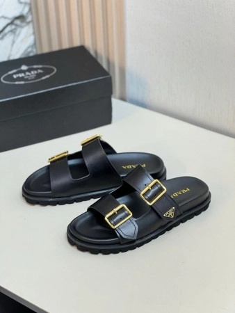 PRADA WOMEN'S STRAP SLIDES SANDALS IN BLACK LEATHER - PSD067