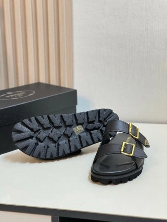 PRADA WOMEN'S STRAP SLIDES SANDALS IN BLACK LEATHER - PSD067