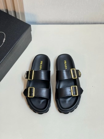 PRADA WOMEN'S STRAP SLIDES SANDALS IN BLACK LEATHER - PSD067