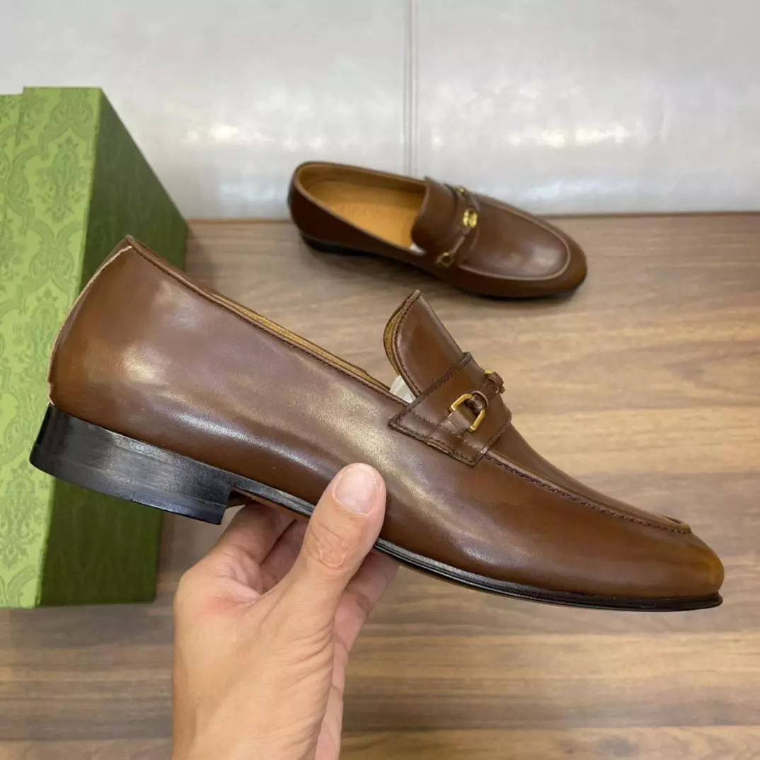 LEATHER LOAFERS WITH INTERLOCKING G IN BROWN - GL112