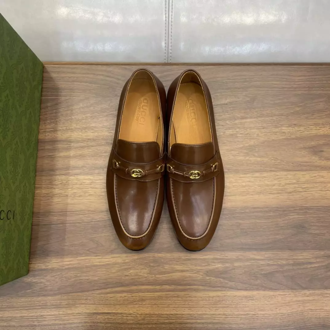 LEATHER LOAFERS WITH INTERLOCKING G IN BROWN - GL112