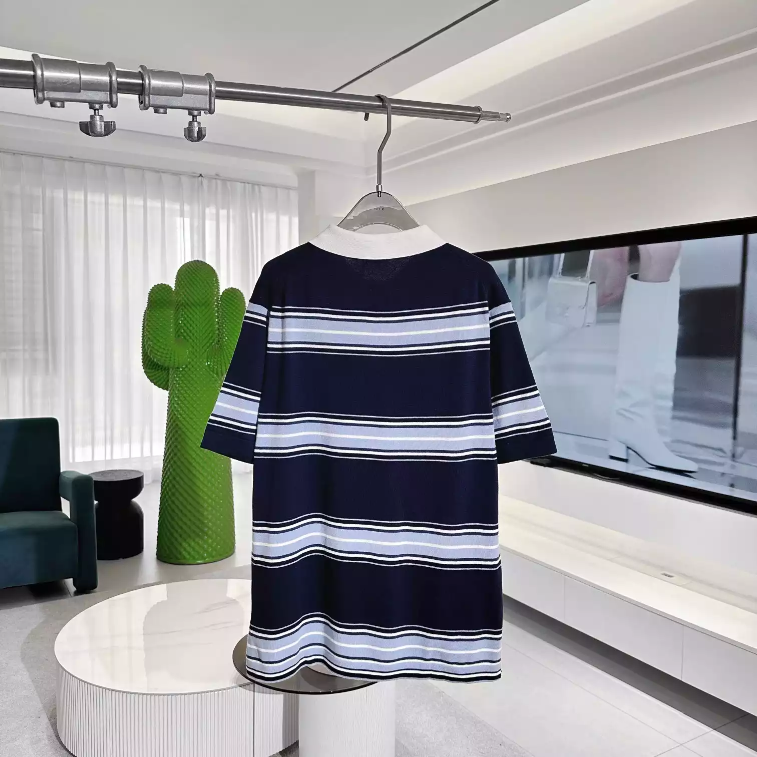 DIOR COUTURE LILY OF THE VALLEY POLO SHIRT BLUE COTTON AND CASHMERE JERSEY - DOT040